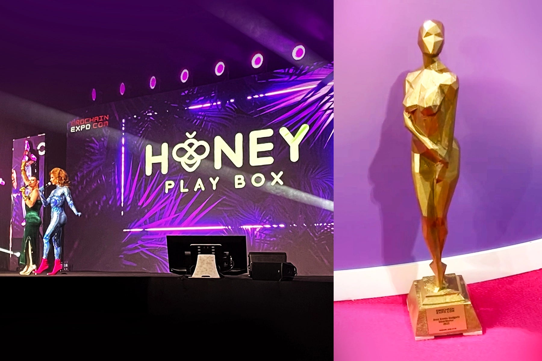 Honey Play Box event setup with a gold statue on a pink carpet at Erochain trade show Poland 2025