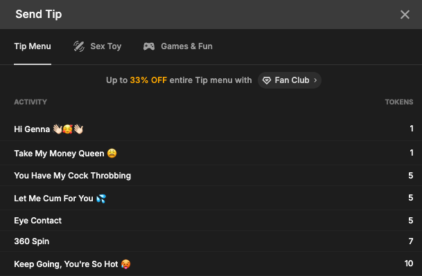 Example Tip Menu for activities