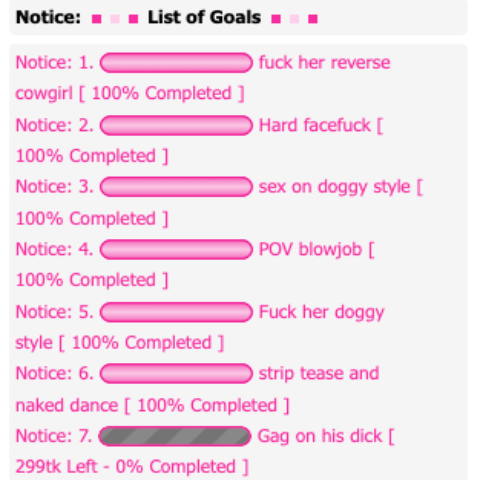 Example of Goal Menu from a Streammate Cam Model