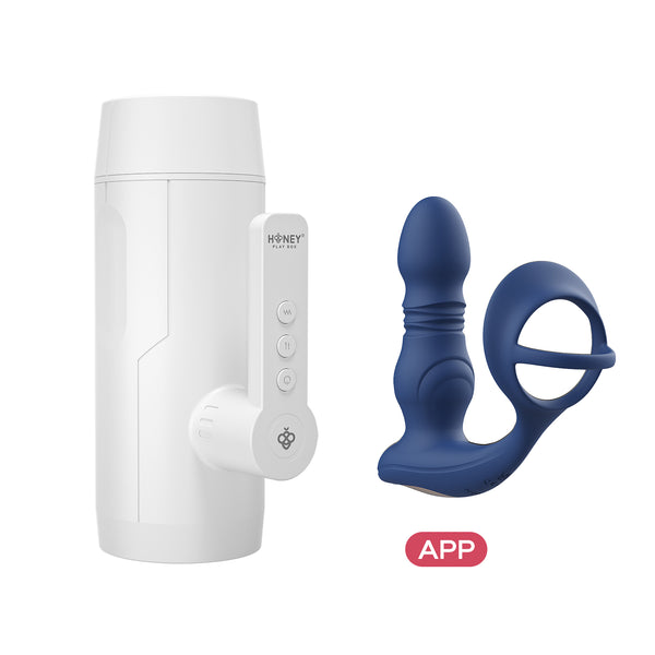 Blanche - Thrusting Automatic Male Masturbator duo with prostate massager Frenzy, Best male sex toys by Honey Play Box
