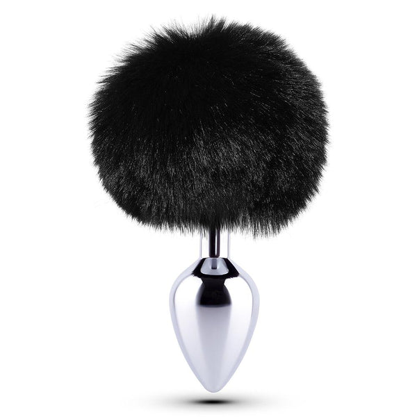 Silver metal butt plug with black faux fur bunny tail